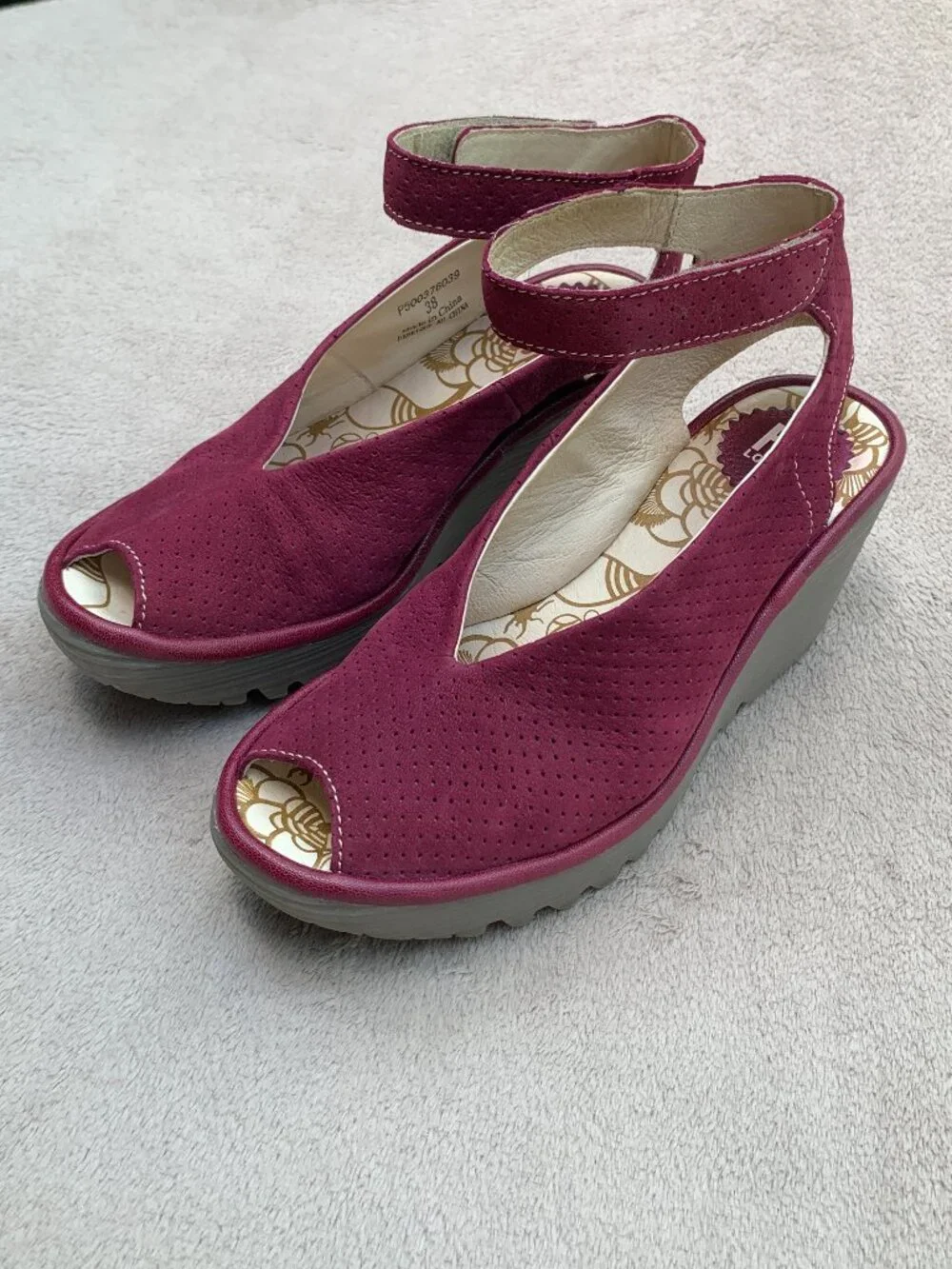 Fly London Yala Ankle Strap Suede Peep Toe Platform Wedge Sandals Sz38